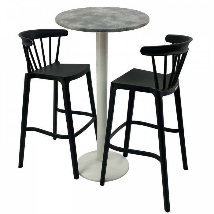 Set mobilier bar RAKI MAPLE, 2 scaune Aspen negre si masa inalta rotunda D60xh112cm cu blat werzalit si baza metalica alba