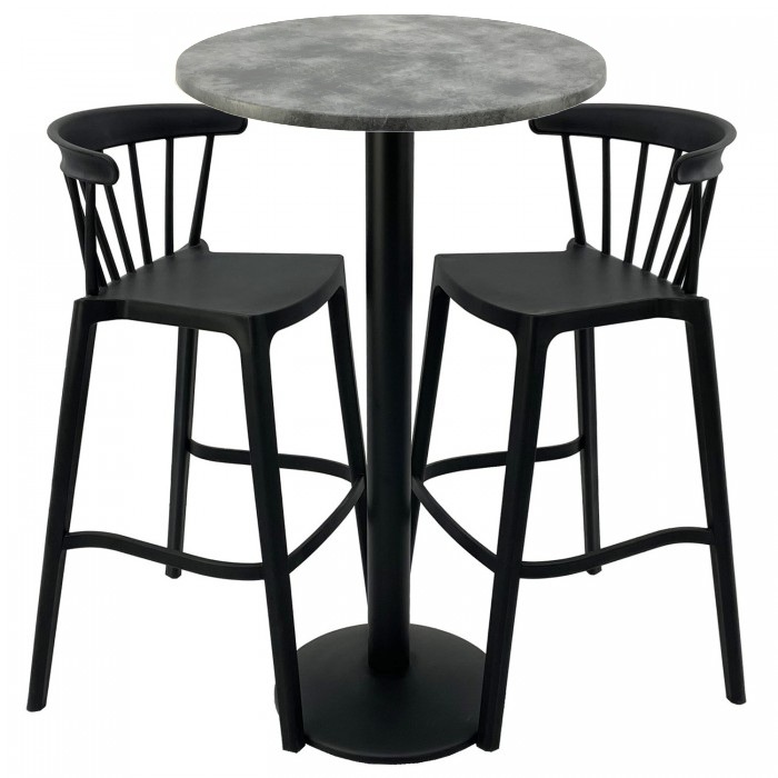 Set mobilier bar RAKI MAPLE, 2 scaune Aspen negre si masa inalta rotunda D60xh112cm cu blat werzalit si picior metalic negru