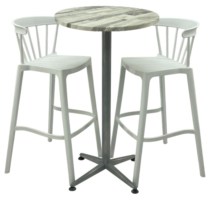 Set mobilier bar RAKI MAPLE, 2 scaune Aspen albe si masa inalta rotunda D60xh107cm cu blat werzalit si picior metalic clasic