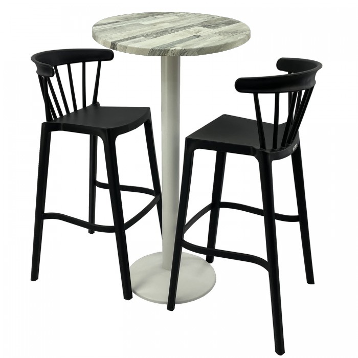 Set mobilier bar RAKI MAPLE, 2 scaune Aspen negre si masa inalta rotunda D60xh112cm cu blat werzalit si baza metalica alba