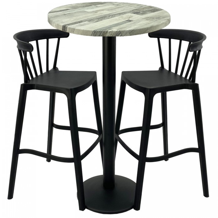 Set mobilier bar RAKI MAPLE, 2 scaune Aspen negre si masa inalta rotunda D60xh112cm cu blat werzalit si picior metalic negru