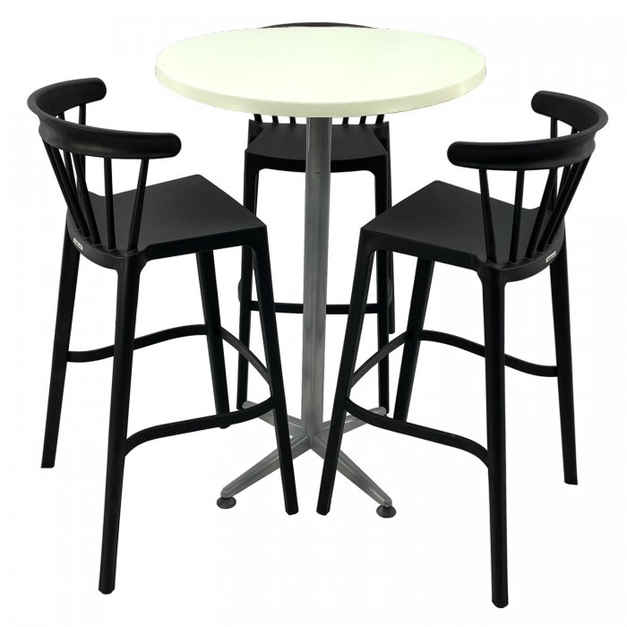Set mobilier bar RAKI MAPLE, 3 scaune Aspen negre si masa inalta rotunda D70xh107cm cu blat werzalit si picior metalic clasic