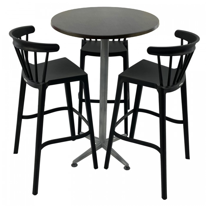 Set mobilier bar RAKI MAPLE, 3 scaune Aspen negre si masa inalta rotunda D70xh107cm cu blat werzalit si picior metalic clasic