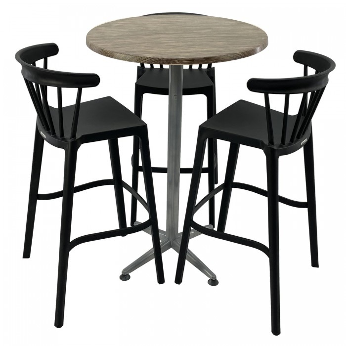 Set mobilier bar RAKI MAPLE, 3 scaune Aspen negre si masa inalta rotunda D70xh107cm cu blat werzalit si picior metalic clasic