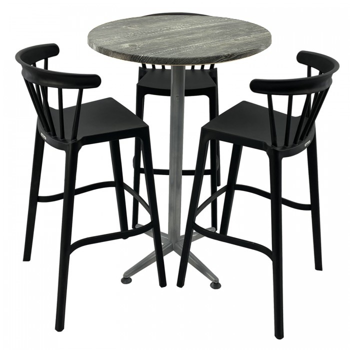 Set mobilier bar RAKI MAPLE, 3 scaune Aspen negre si masa inalta rotunda D70xh107cm cu blat werzalit si picior metalic clasic