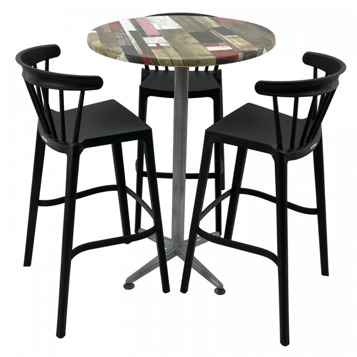 Set mobilier bar RAKI MAPLE, 3 scaune Aspen negre si masa inalta rotunda D70xh107cm cu blat werzalit si picior metalic clasic