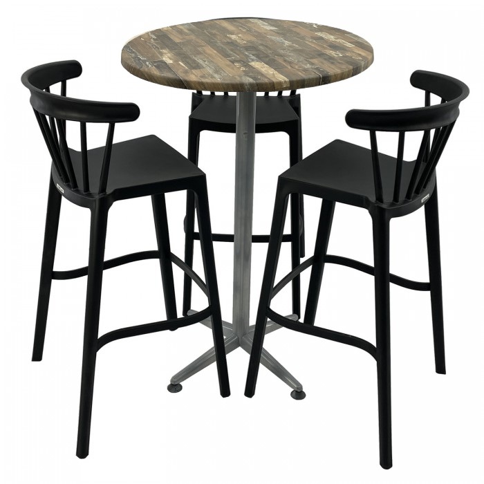 Set mobilier bar RAKI MAPLE, 3 scaune Aspen negre si masa inalta rotunda D70xh107cm cu blat werzalit si picior metalic clasic