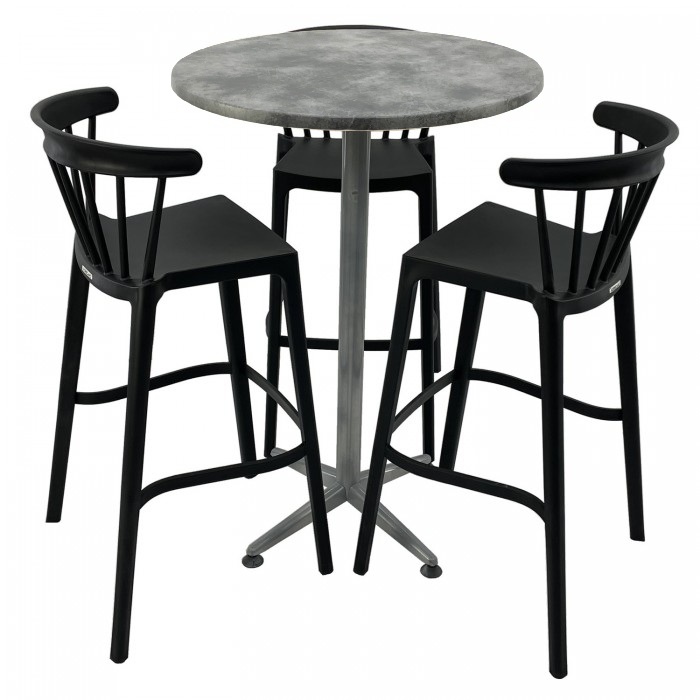 Set mobilier bar RAKI MAPLE, 3 scaune Aspen negre si masa inalta rotunda D70xh107cm cu blat werzalit si picior metalic clasic