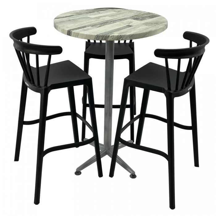 Set mobilier bar RAKI MAPLE, 3 scaune Aspen negre si masa inalta rotunda D70xh107cm cu blat werzalit si picior metalic clasic