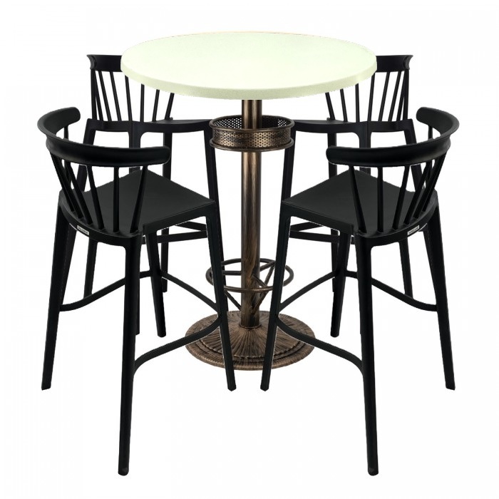 Set bar RAKI MAPLE, 4 scaune Aspen negre, masa inalta rotunda D80xh110cm cu blat werzalit si baza metal aspect bronz antichizat