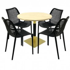 Set mobila de terasa, 4 scaune London Air negru suprapozabile cu masa rotunda 80x74cm Raki MAPLE blat werzalit si picior metalic auriu/negru