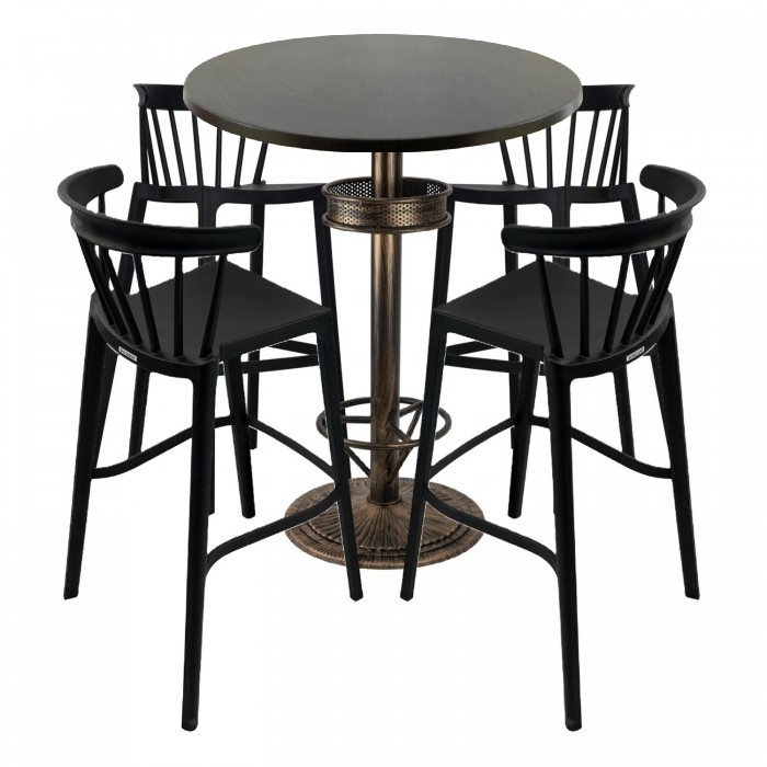Set bar RAKI MAPLE, 4 scaune Aspen negre, masa inalta rotunda D80xh110cm cu blat werzalit si baza metal aspect bronz antichizat