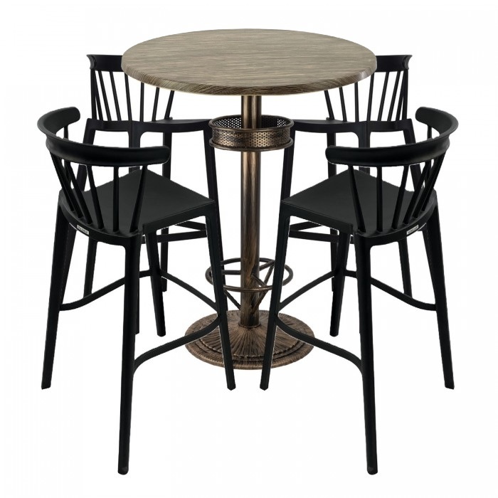 Set bar RAKI MAPLE, 4 scaune Aspen negre, masa inalta rotunda D80xh110cm cu blat werzalit si baza metal aspect bronz antichizat