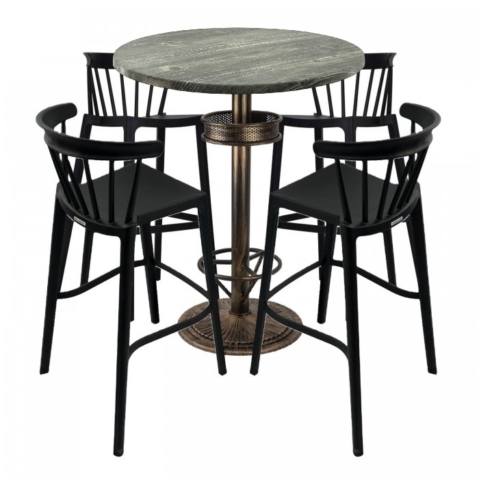 Set bar RAKI MAPLE, 4 scaune Aspen negre, masa inalta rotunda D80xh110cm cu blat werzalit si baza metal aspect bronz antichizat