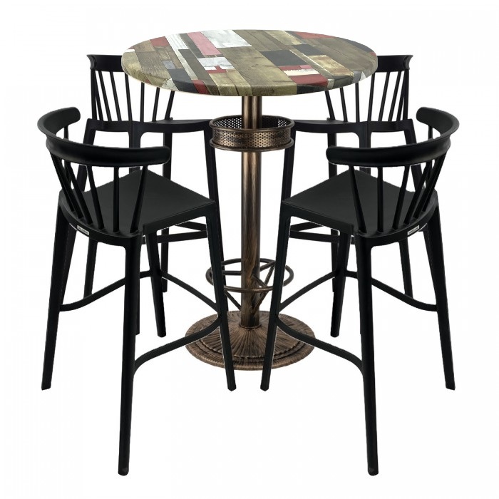 Set bar RAKI MAPLE, 4 scaune Aspen negre, masa inalta rotunda D80xh110cm cu blat werzalit si baza metal aspect bronz antichizat