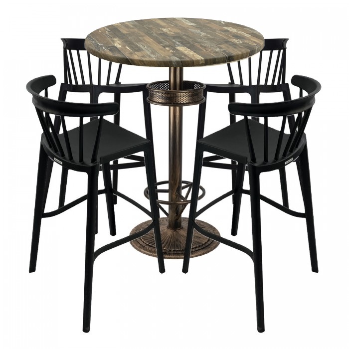 Set bar RAKI MAPLE, 4 scaune Aspen negre, masa inalta rotunda D80xh110cm cu blat werzalit si baza metal aspect bronz antichizat