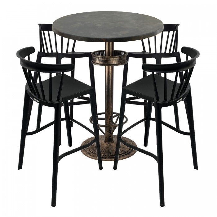 Set bar RAKI MAPLE, 4 scaune Aspen negre, masa inalta rotunda D80xh110cm cu blat werzalit si baza metal aspect bronz antichizat
