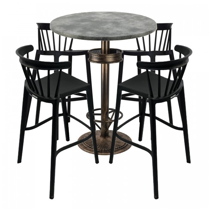 Set bar RAKI MAPLE, 4 scaune Aspen negre, masa inalta rotunda D80xh110cm cu blat werzalit si baza metal aspect bronz antichizat