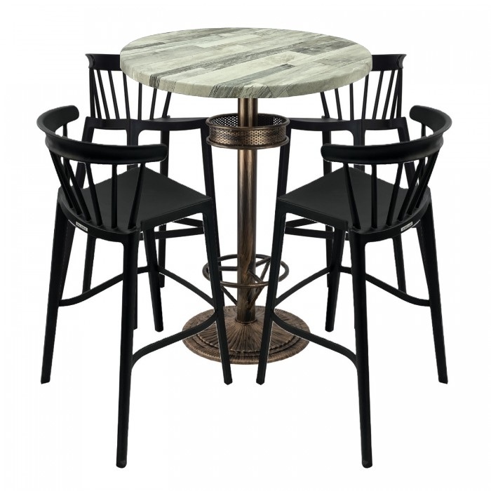 Set bar RAKI MAPLE, 4 scaune Aspen negre, masa inalta rotunda D80xh110cm cu blat werzalit si baza metal aspect bronz antichizat
