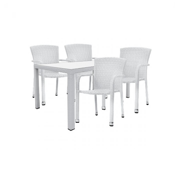 Set mobilier gradina ratan sintetic alb RAKI MACAPA, masa 150x90xh75cm cu 4 scaune 56x56xh82cm