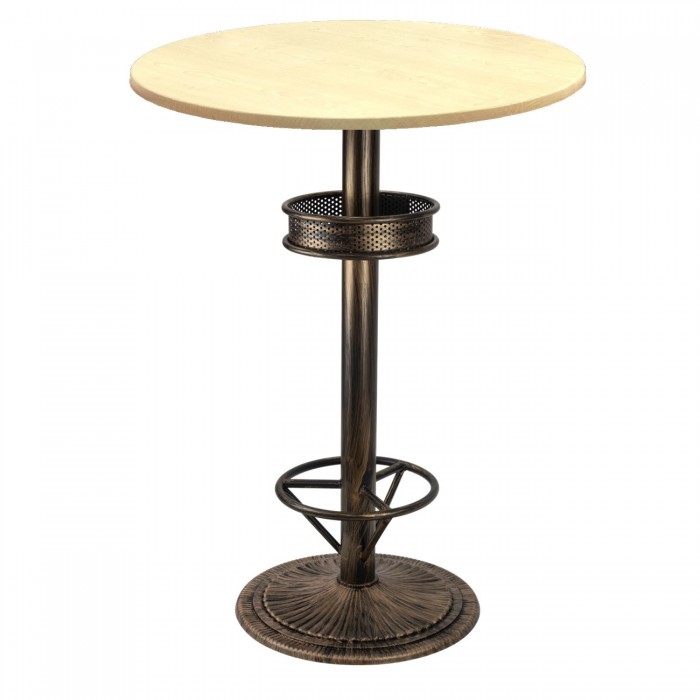 Masa bar inalta rotunda 70xh112cm Raki Maple blat werzalit si picior metalic aspect vintage bronz antichizat 50xh110cm