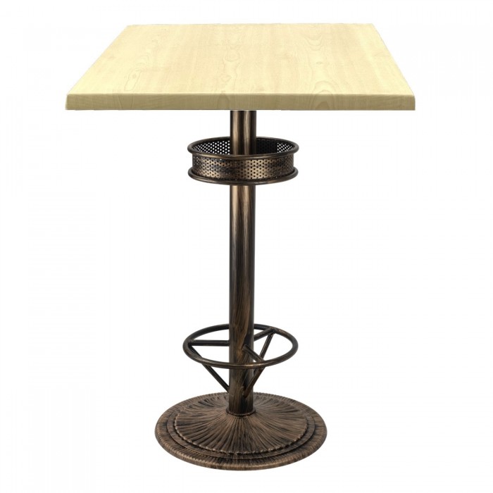 Masa inalta bar patrata 70x70xh112cm Raki Maple blat werzalit si picior metalic aspect vintage bronz antichizat 50xh110cm