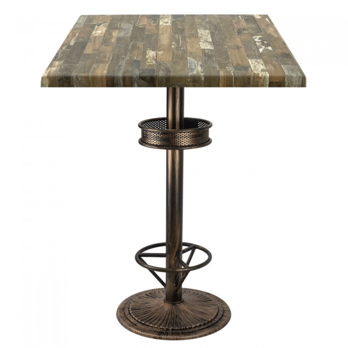 Masa bar patrata Raki Maracaibo 80x80xh112cm blat werzalit si picior metalic aspect vintage bronz antichizat 50xh110cm