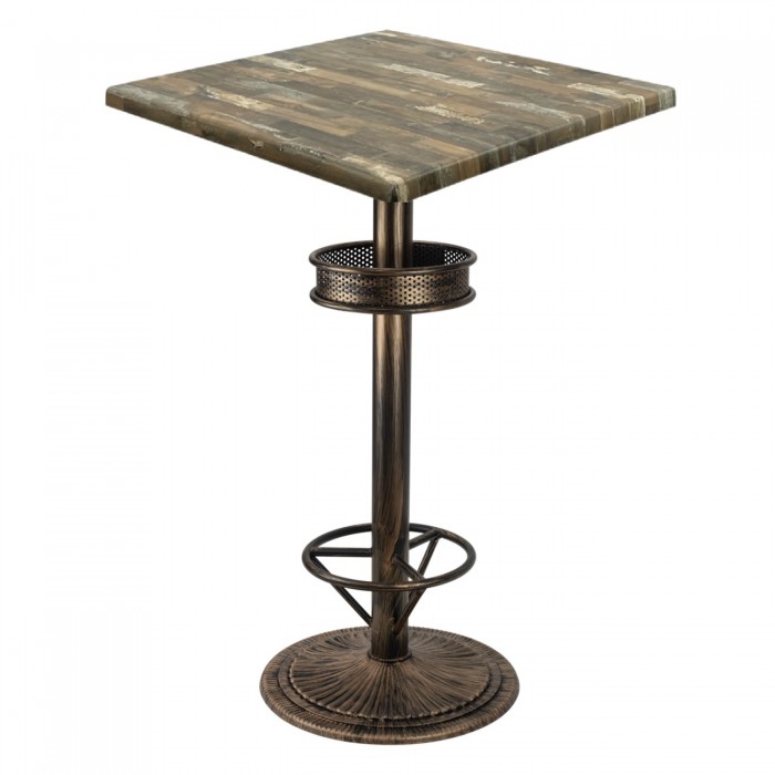 Masa inalta bar patrata Raki Maracaibo 70x70xh112cm blat werzalit si picior metalic aspect vintage bronz antichizat 50xh110cm