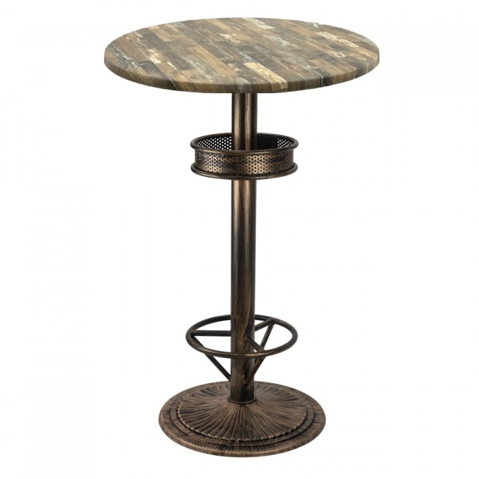 Masa inalta bar rotunda 60xh112cm Raki Maracaibo blat werzalit si picior metalic aspect vintage bronz antichizat 50xh110cm