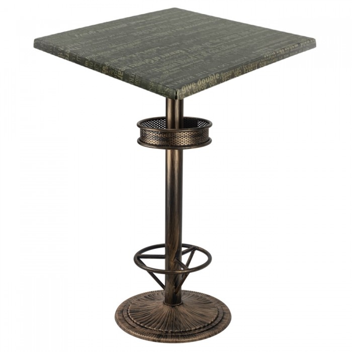 Masa bar patrata Raki Graphite Night blat werzalit 70x70xh112cm cu picior metalic aspect vintage bronz antichizat 50xh110cm