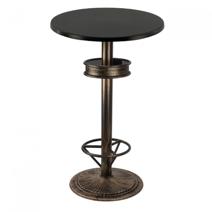Masa bar rotunda 60xh112cm Raki Black blat werzalit negru si picior metalic aspect vintage bronz antichizat 50xh110cm