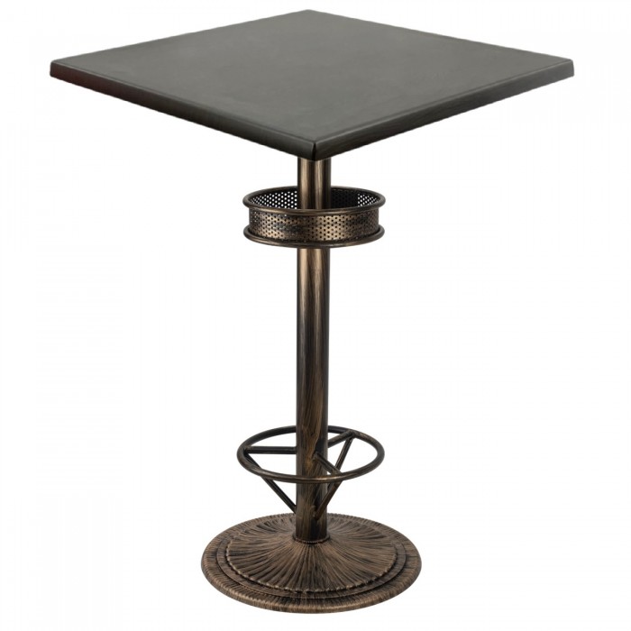 Masa bar inalta patrata 80x80xh112cm Raki New Wenge blat werzalit si picior metalic aspect vintage bronz antichizat 50xh110cm