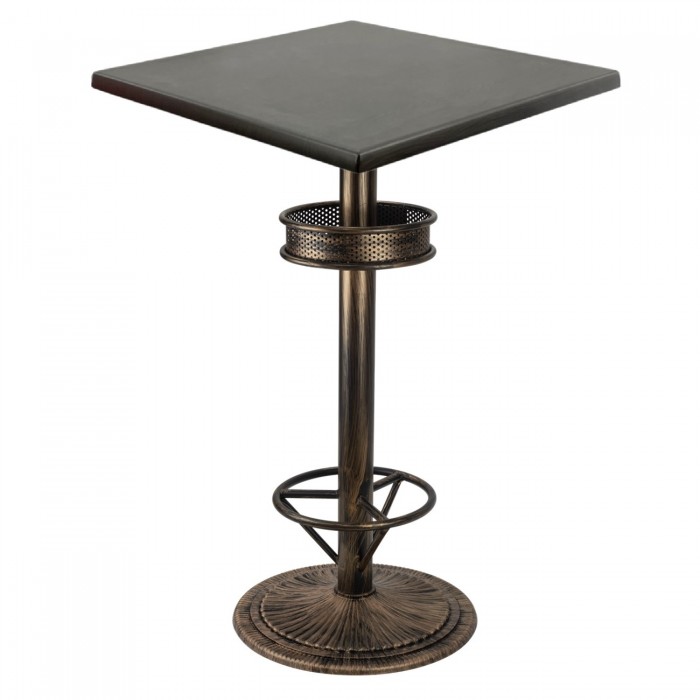 Masa inalta bar patrata 70x70xh112cm Raki New Wenge blat werzalit si picior metalic aspect vintage bronz antichizat 50xh110cm