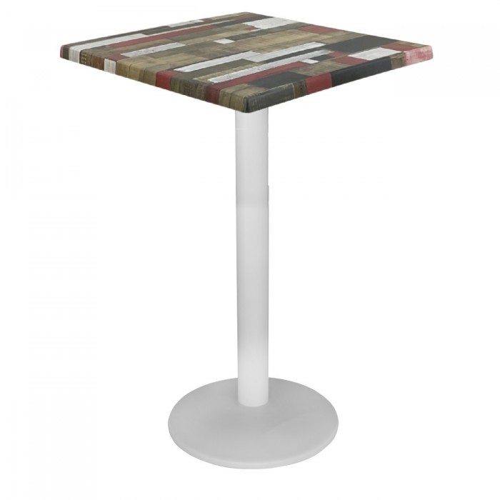 Masa inalta bar patrata 70x70xh112cm Raki Redden Wood blat werzalit si picior metalic alb 43xh110cm