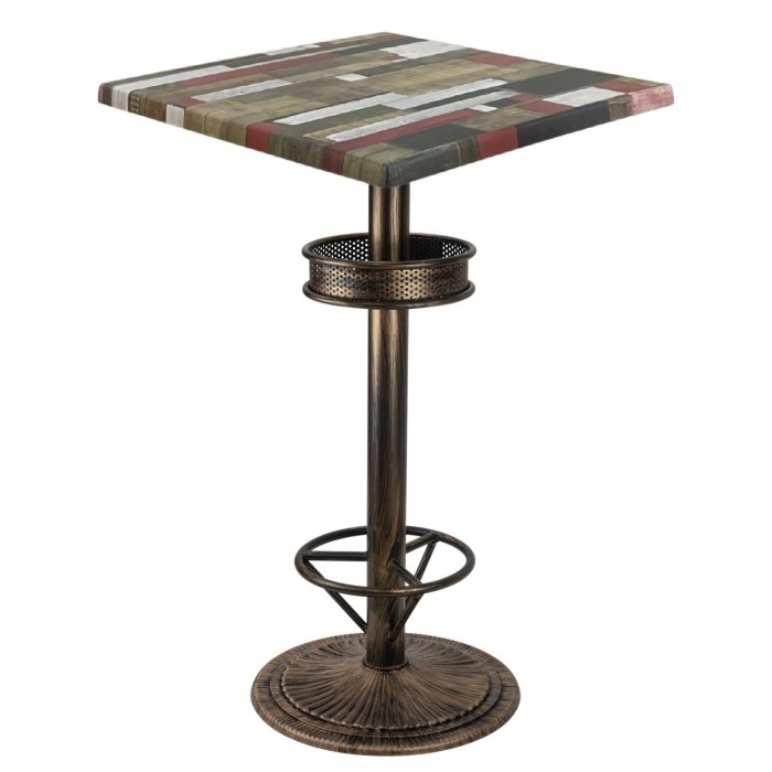 Masa inalta bar patrata 70x70xh112cm Raki Redden Wood blat werzalit si picior metalic aspect vintage bronz antichizat 50xh110cm