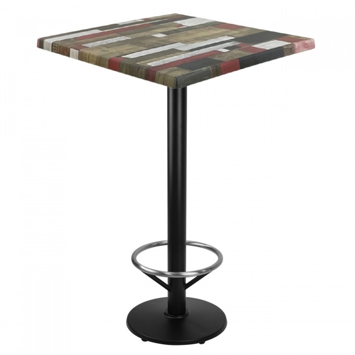 Masa inalta bar patrata 70x70xh112cm Raki Redden Wood blat werzalit si picior metalic negru cu suport picioare 43xh110cm