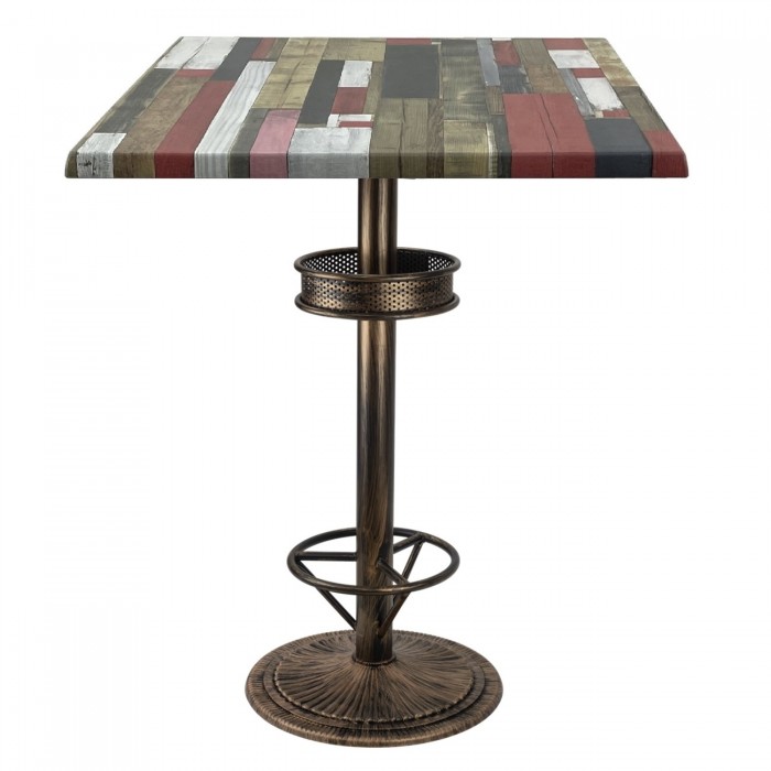 Masa inalta bar patrata 80x80xh112cm Raki Redden Wood blat werzalit si picior metalic aspect vintage bronz antichizat 50xh110cm