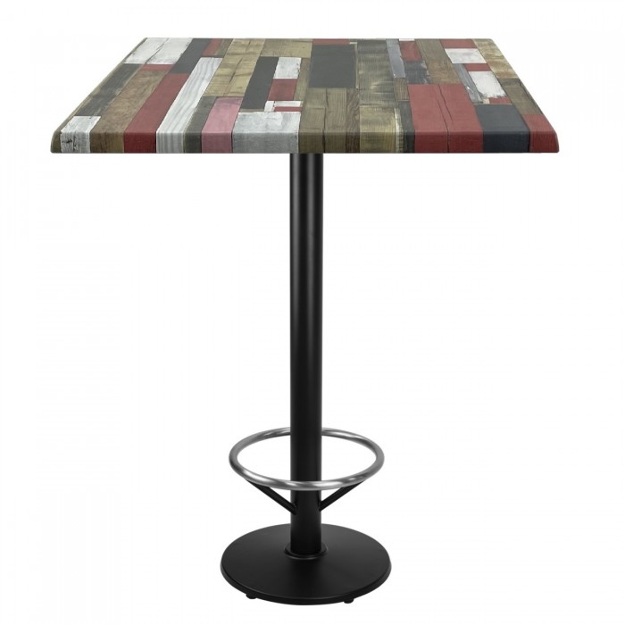 Masa inalta bar patrata 80x80xh112cm Raki Redden Wood blat werzalit si picior metalic negru cu suport picioare 43xh110cm