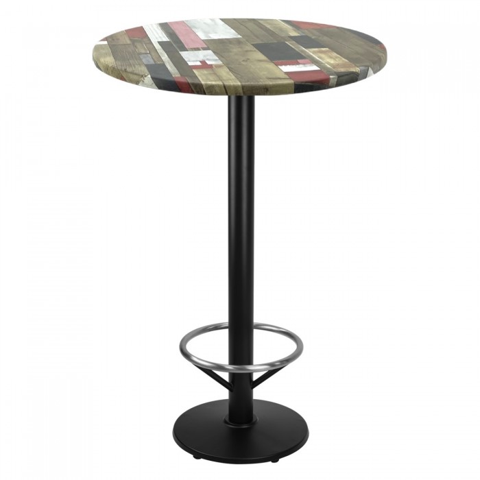 Masa inalta bar rotunda 60xh112cm Raki Redden Wood werzalit si picior metalic negru cu suport picioare 43xh110cm