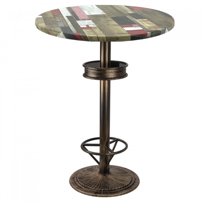 Masa inalta bar rotunda 70xh112cm Raki Redden Wood blat werzalit si picior metalic aspect vintage bronz antichizat 50xh110cm