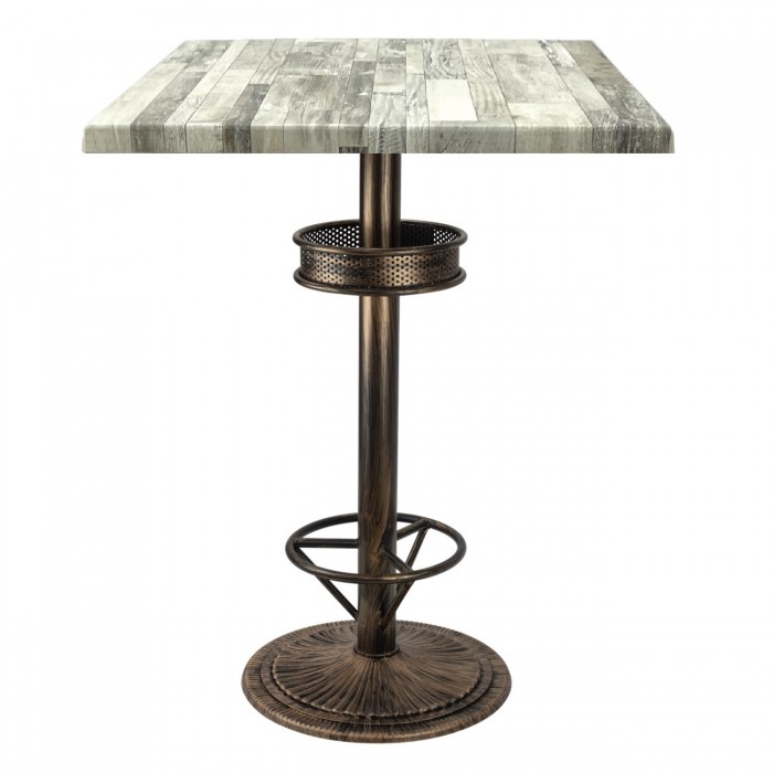 Masa bar patrata blat werzalit 80x80xh112cm Raki White Block cu picior metalic aspect vintage bronz antichizat 50xh110cm