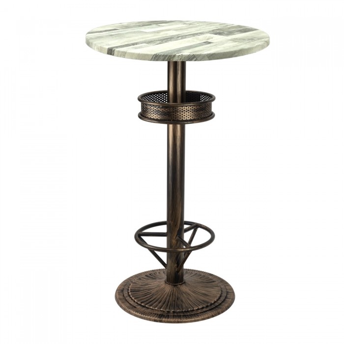 Masa bar rotunda blat werzalit 60xh112cm Raki White Block  cu picior metalic aspect vintage bronz antichizat 50xh110cm