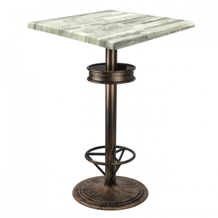 Masa inalta bar patrata Raki White Block 70x70xh112cm blat werzalit si picior metalic aspect vintage bronz antichizat 50xh110cm