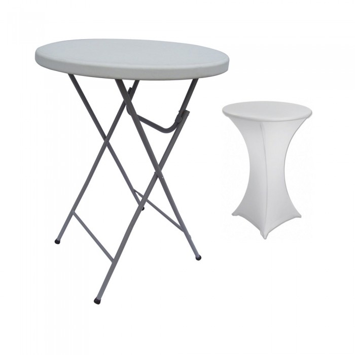 Set masa plianta rotunda inalta catering D80xH110cm cu husa elastica alba