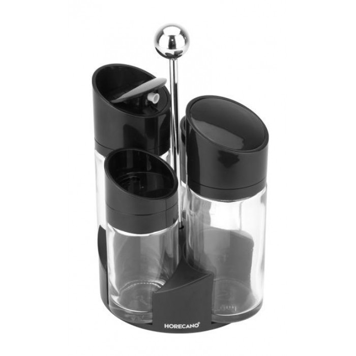 RAKI Oliviera 5 piese RAKI, 2 recipiente ulei/otet, 2 recipiente condimente, suport plastic, recipiente din sticla cu capace plastic