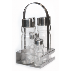 Oliviera 5 piese, cu suport inox patrat RAKI PREMIUM maner rotund, 2 sticle ulei/otet, solnita si pipernita