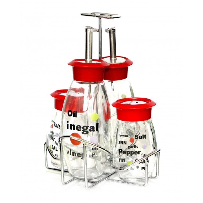 Set oliviera cu suport metalic RAKI 2 sticle ulei si otet, solnita si pipernita, rosu