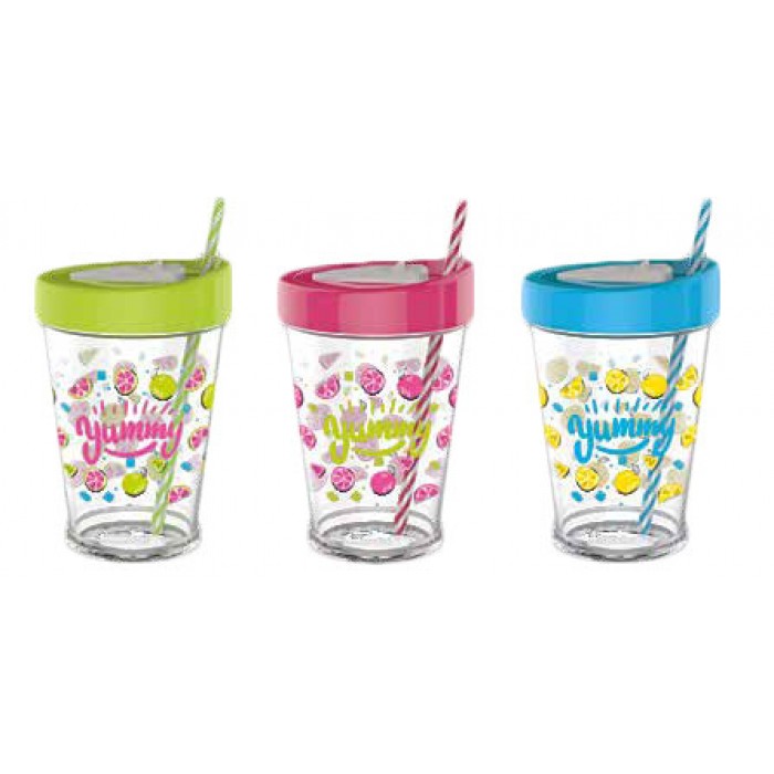 Pahar pentru smoothie cu pai si decor RAKI RIO, 450ml, din sticla cu capac plastic, diferite decoruri si culori