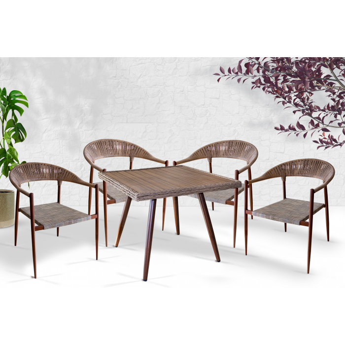 Set gradina mobila POLYWOOD NATURAL masa patrata 90x90xh75cm cu 4 scaune 62x62xh79cm cadru metalic si sezut textil MN0195335