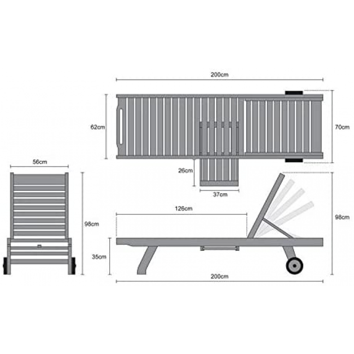 Sezlong lemn cu suport lateral 200x65xh35cm